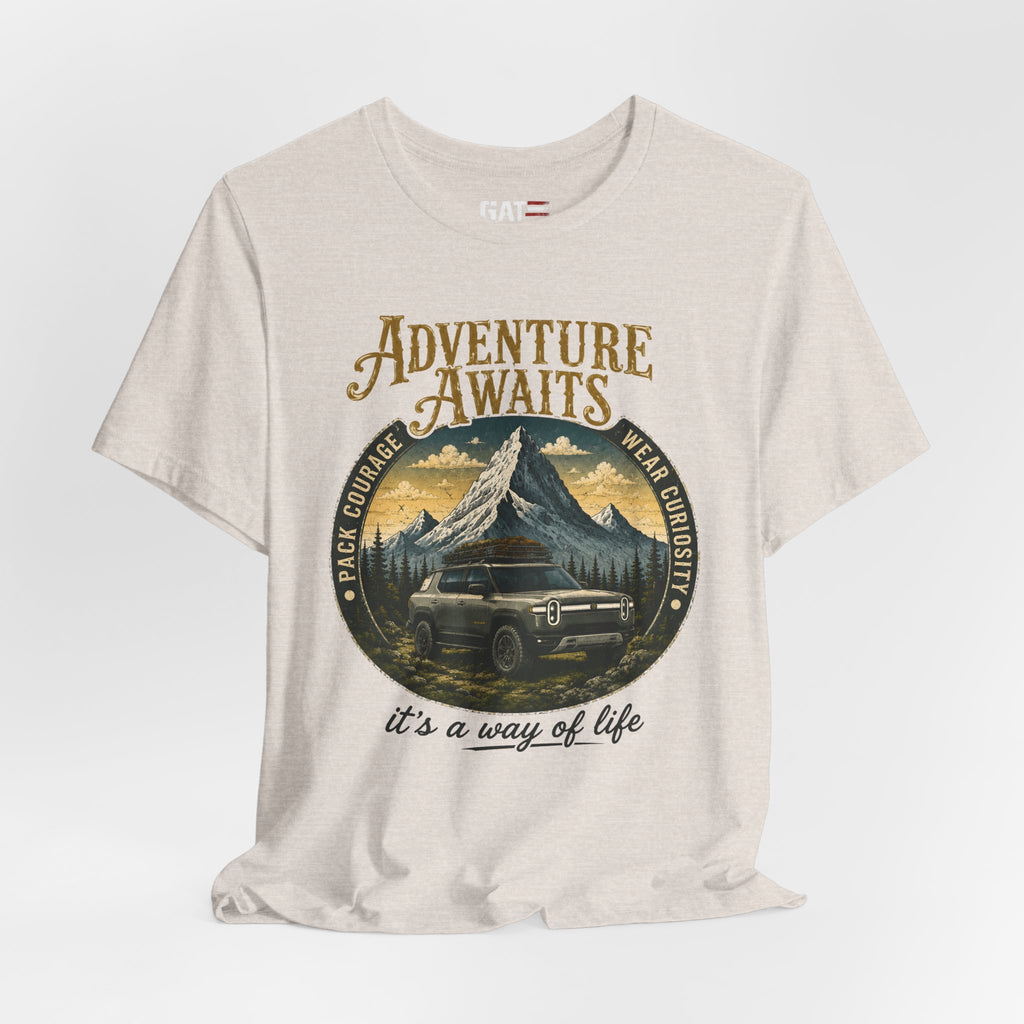 Adventure Awaits Shirt, Rivian Camping, Mountain Adventure Tee, Overlanding Shirt, Off Road SUV Graphic Tee, Outdoor, Nature Lover Shirt