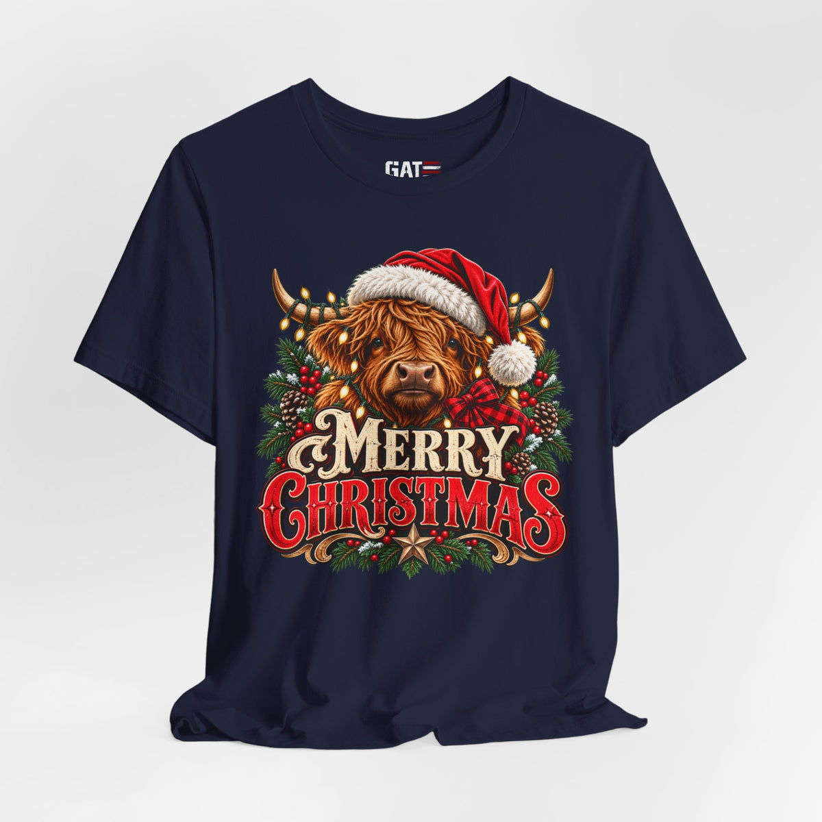 navy Highland cow Santa hat Merry Christmas graphic T-shirt, styled front view
