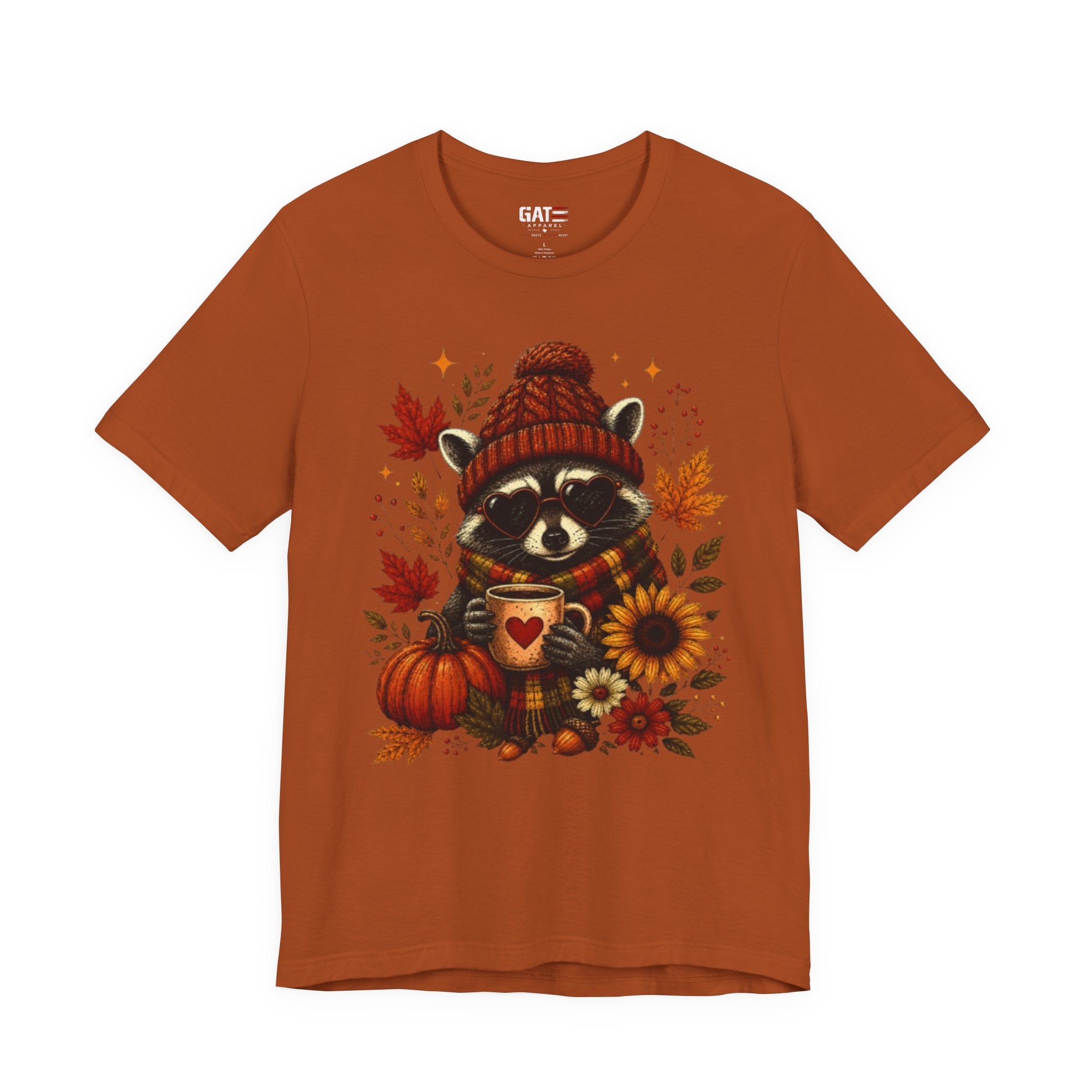 Autumn Cozy Raccoon Tee – Cute Fall Pumpkin & Hot Cocoa Shirt