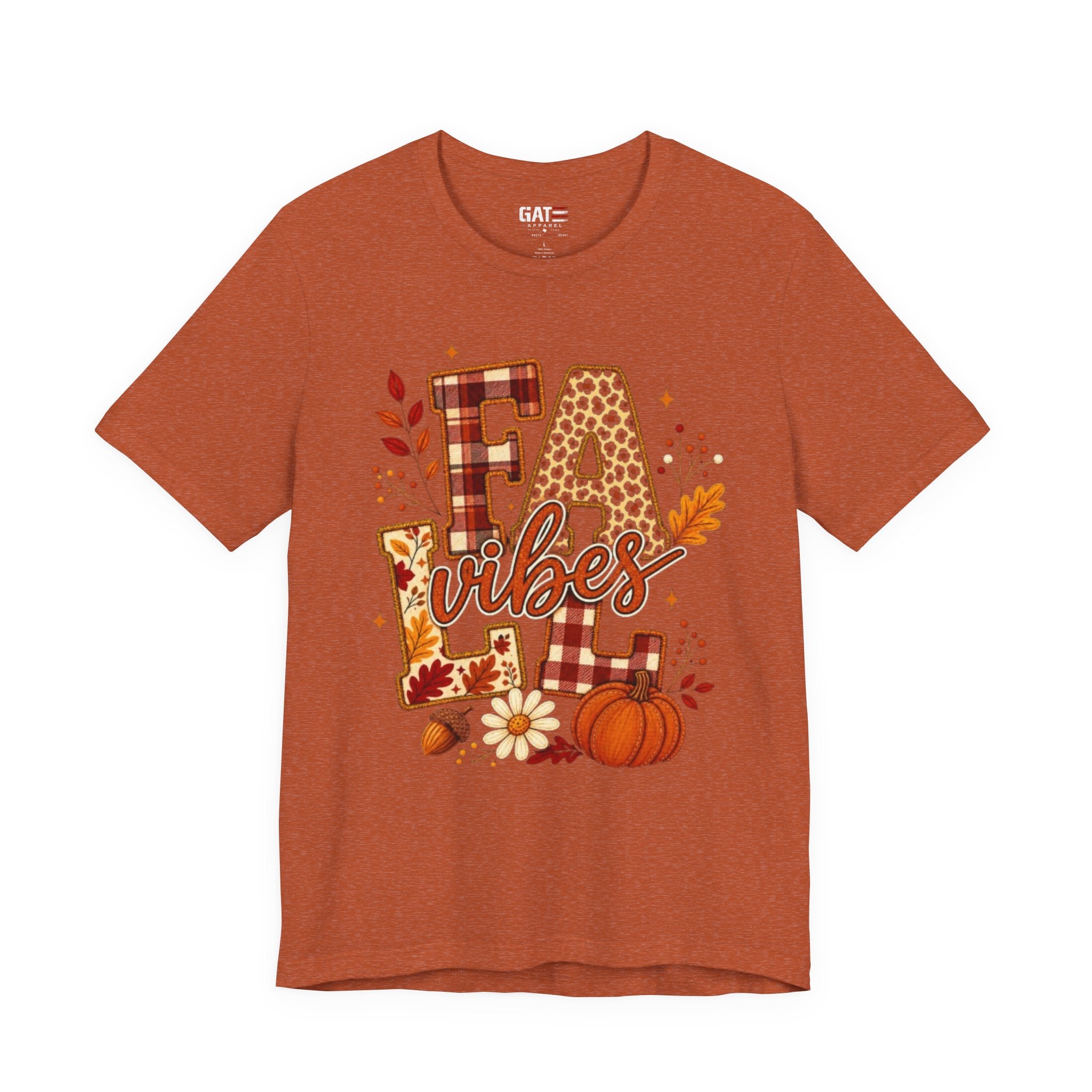 Fall Vibes T-Shirt – Pumpkin & Plaid Autumn Graphic Tee