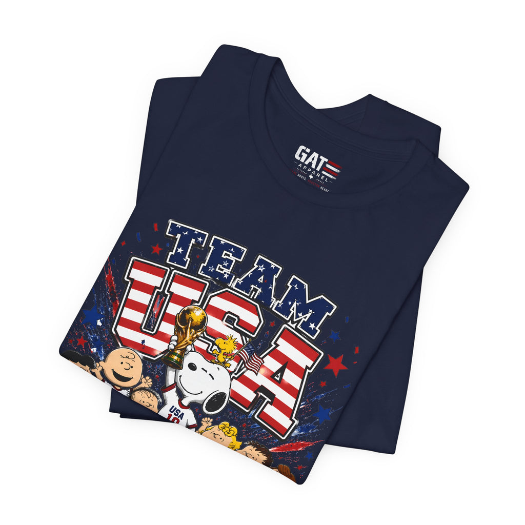 Team USA Soccer Peanuts Gang Shirt Patriotic Snoopy & Friends World Cup Celebration Tee