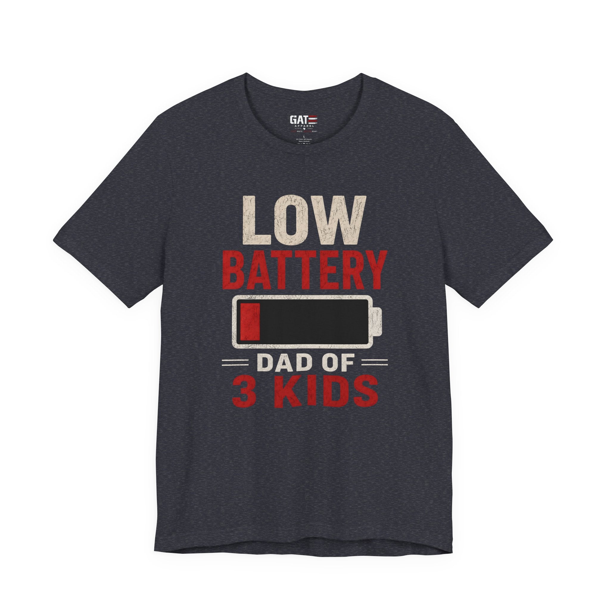 Low Battery Dad of 3 Kids Shirt, Funny Tired Dad Tee, Father of Four Gift, Parenting Humor Shirt, Exhausted Dad Graphic Tee