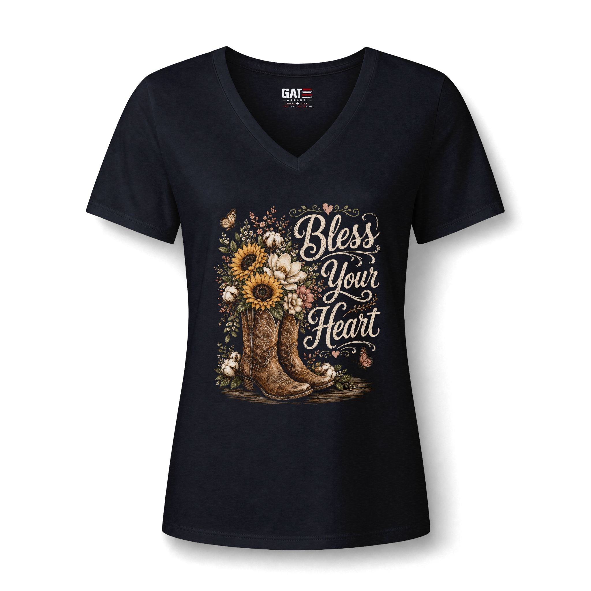 Bless Your Heart V-Neck Tee — Sunflower Cowboy Boot Graphic