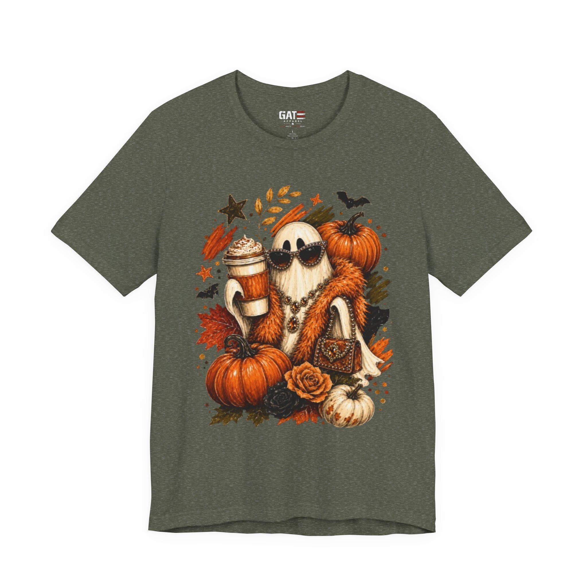 Halloween Pumpkin Ghost Tee — Cozy Fall Coffee & Pumpkins Graphic T-Shirt