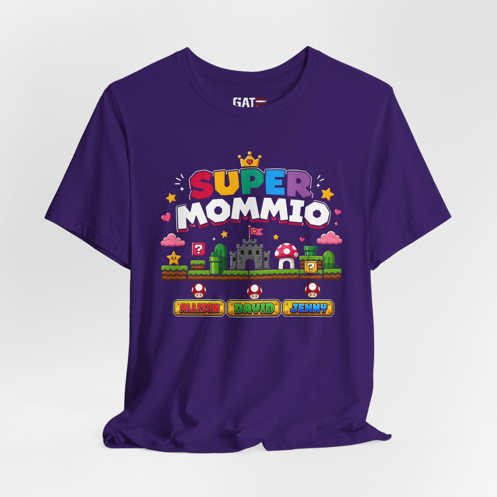 Personalized Super Mommio Shirt, Gamer Mom Shirt with Kids Names, Custom Mother's Day Gift, Retro Video Game Family Tee