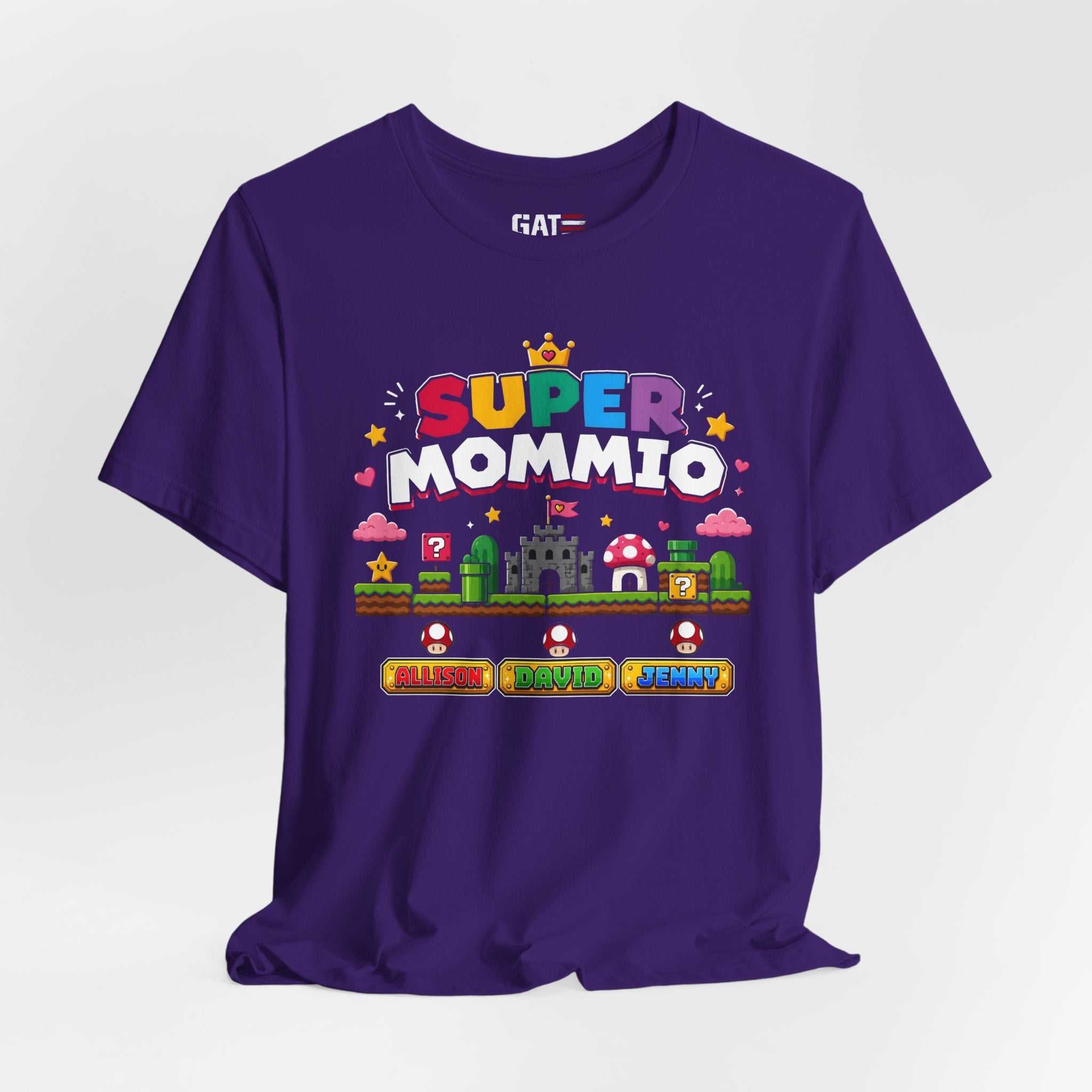 Personalized Super Mommio Shirt, Gamer Mom Shirt with Kids Names, Custom Mother's Day Gift, Retro Video Game Family Tee