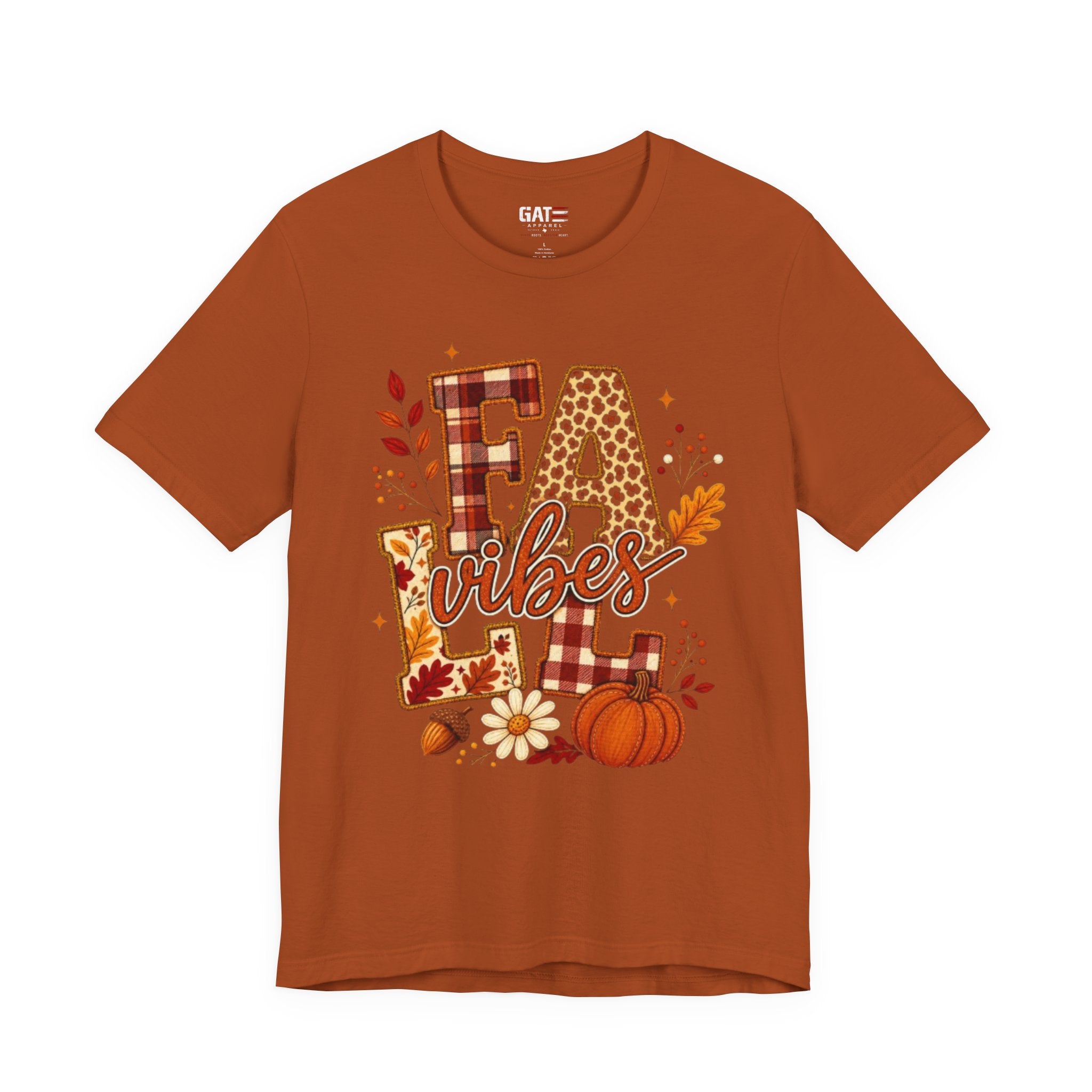 Fall Vibes T-Shirt – Pumpkin & Plaid Autumn Graphic Tee