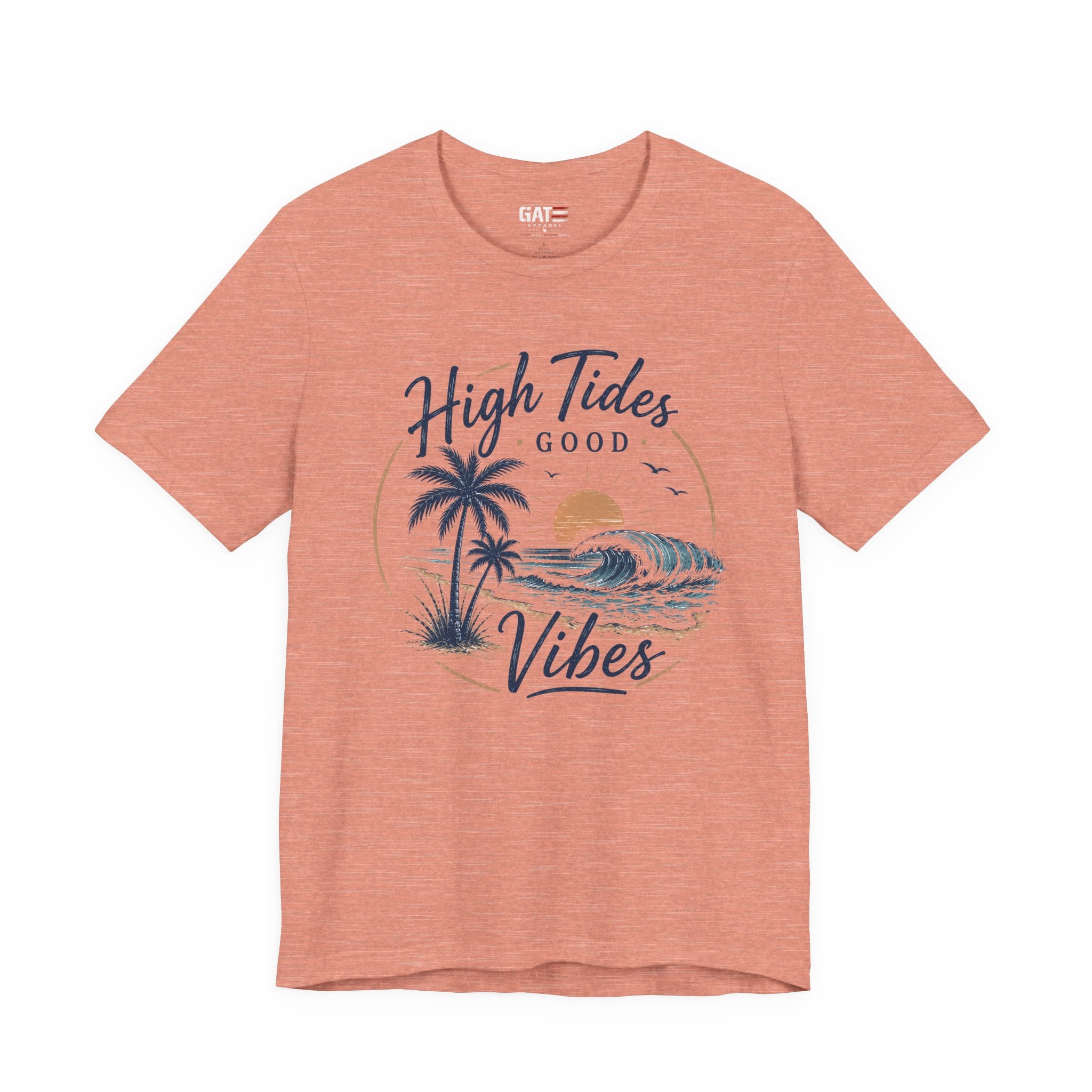 High Tides Good Vibes Beach T-Shirt — Sunset Palm Wave Graphic Tee