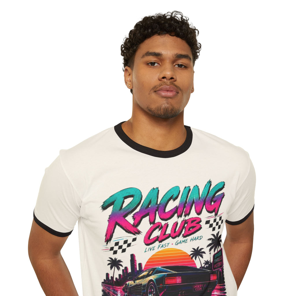 Racing Club Retro Ringer Tee — 1980s Sunset Sports Car Graphic