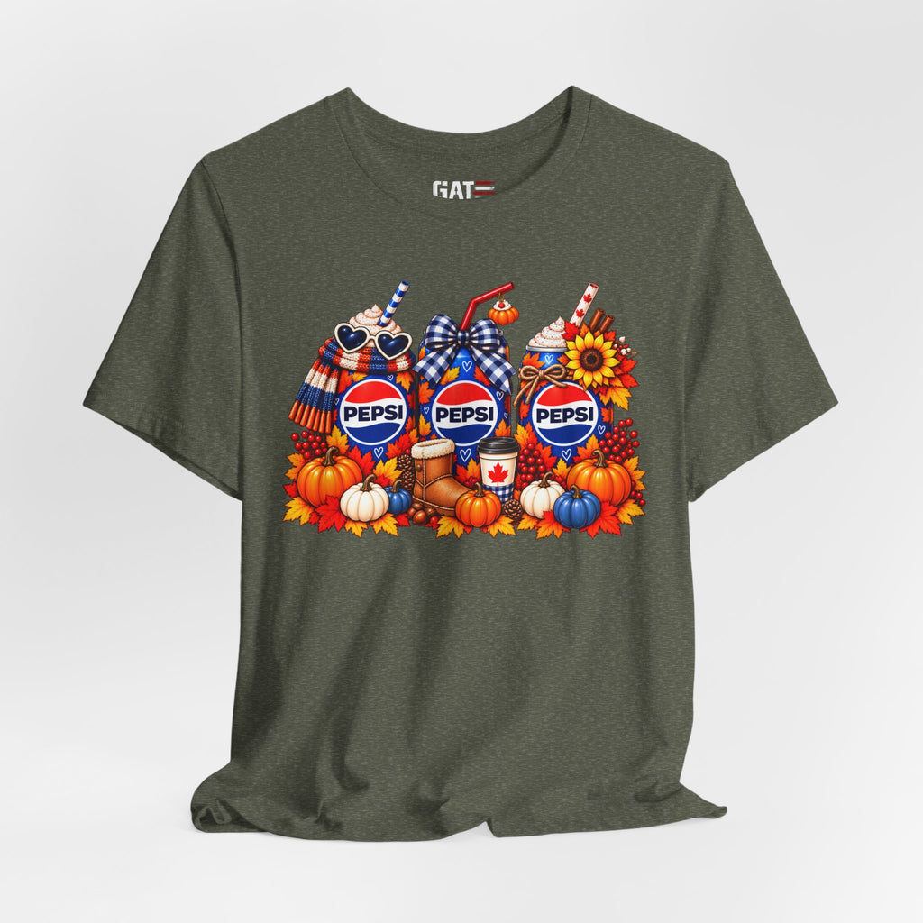 Pepsi Pumpkin Fall T‑Shirt — Autumn Pumpkin & Sunflower Soda Design