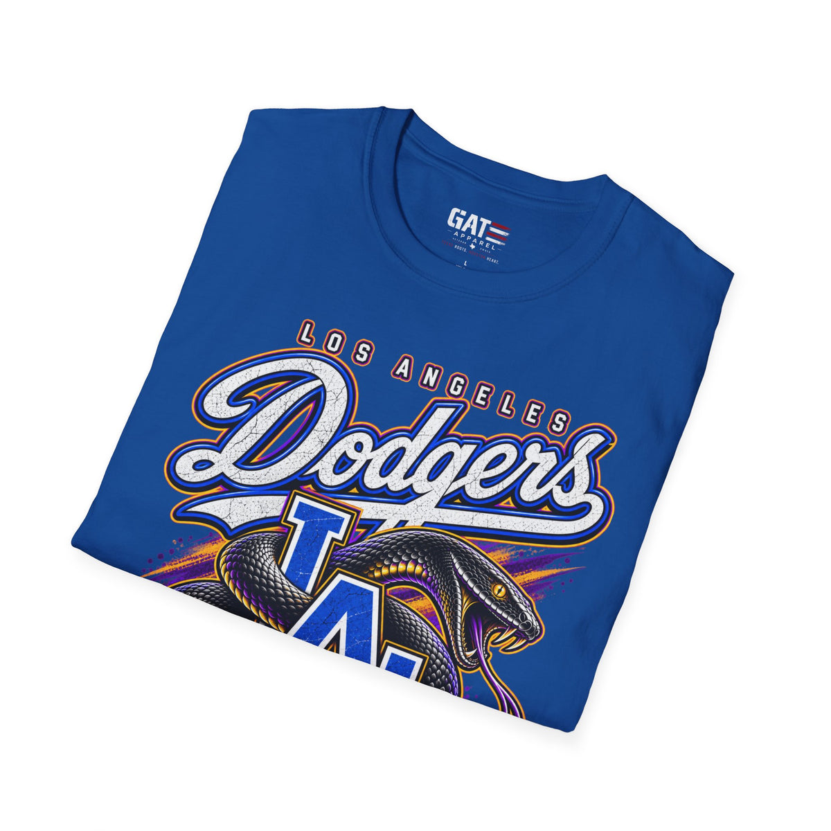 Folded royal blue Kobe Bryant Dodgers LA Black Mamba tribute T-shirt, print close-up