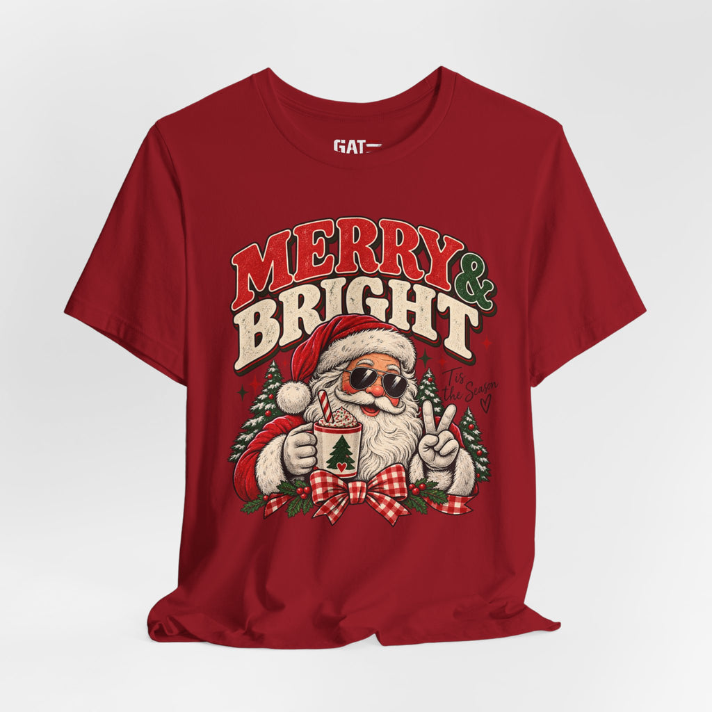 Merry & Bright Santa Tee – Retro Christmas Short Sleeve Shirt