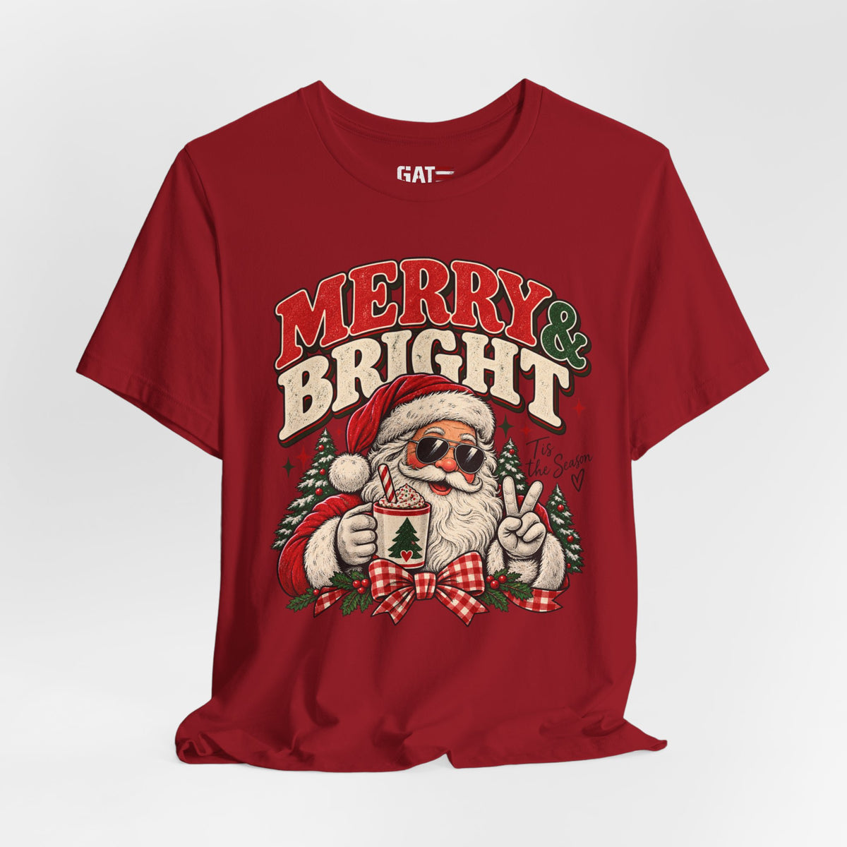 Merry & Bright Santa Tee – Retro Christmas Short Sleeve Shirt