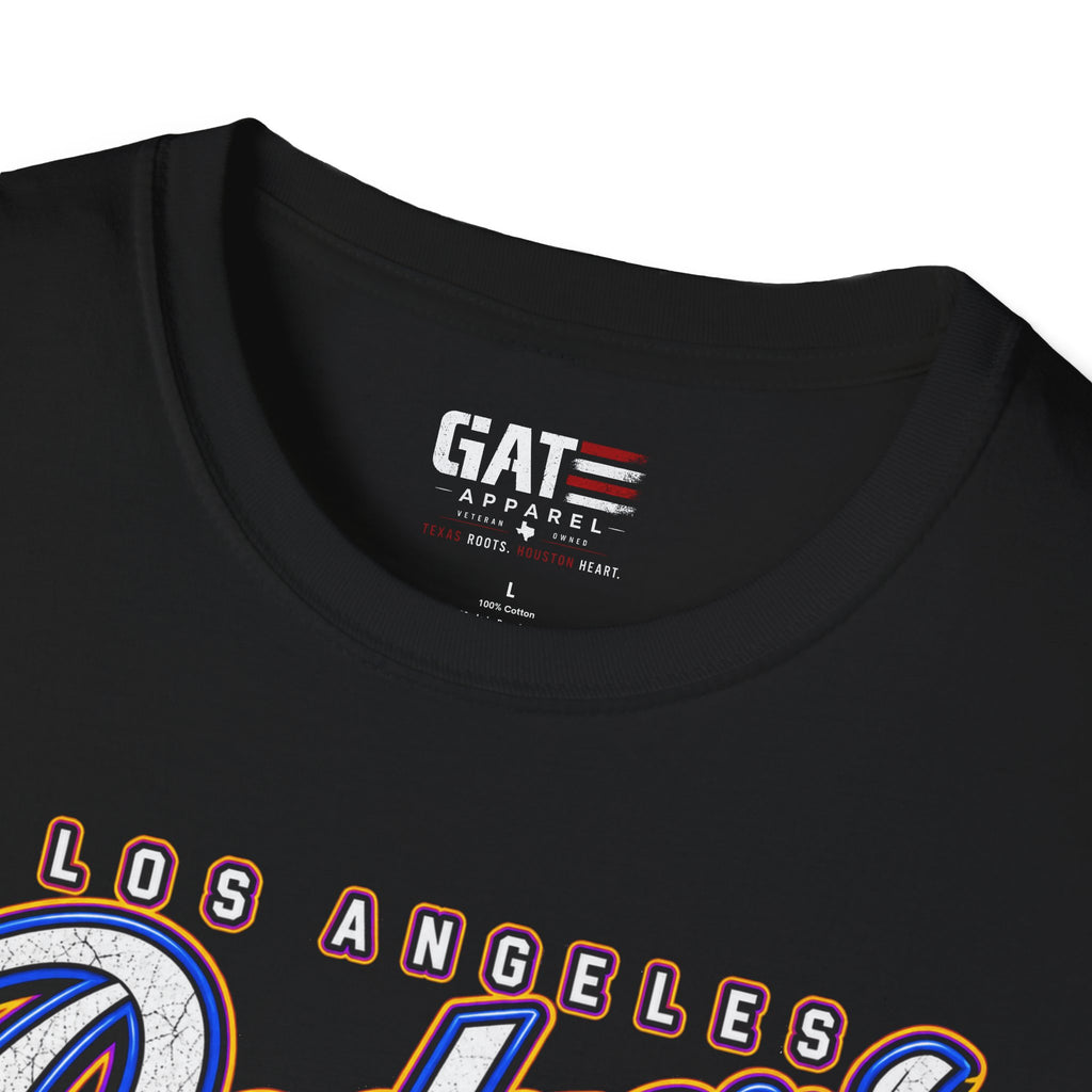 black Kobe Bryant Dodgers LA Black Mamba tribute T-shirt, neckline and GAT label close-up