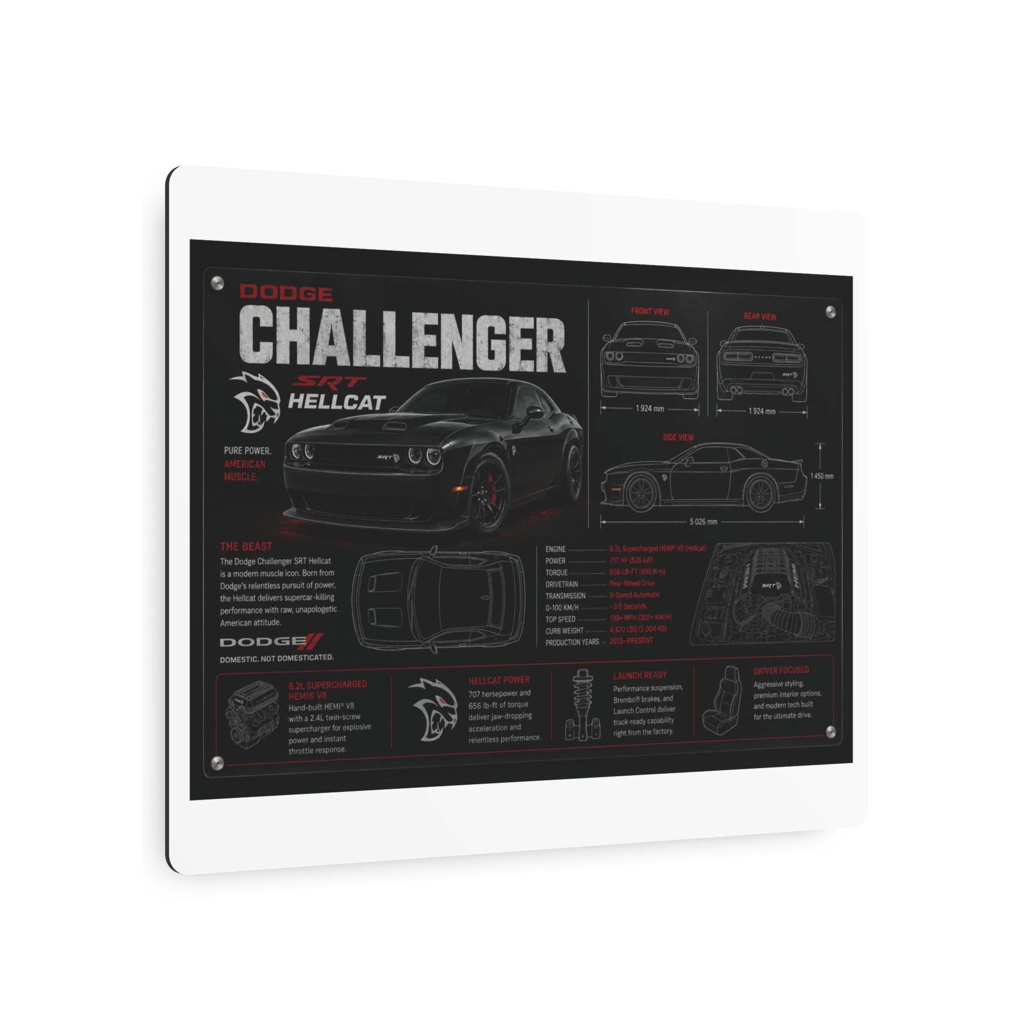 Dodge Challenger Hellcat Blueprint Metal Art Sign – Automotive Garage Poster