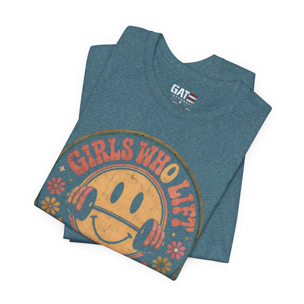 Girls Who Lift Don't Quit Shirt, Retro Smiley Face Gym Tee, Cute Fitness Shirt, Weightlifting Shirt, Workout Gift for Women