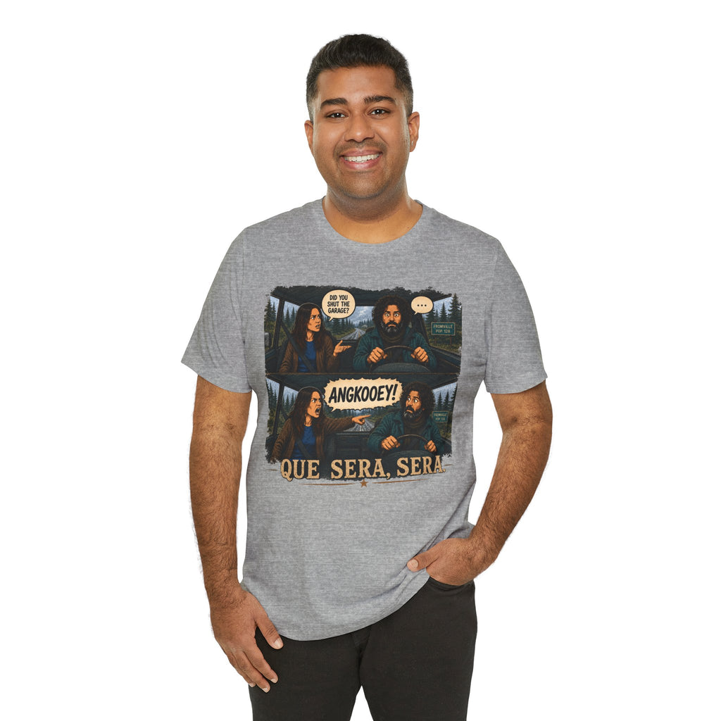 Que Sera Sera Graphic Tee — Retro Comic Forest Movie Quote T-Shirt