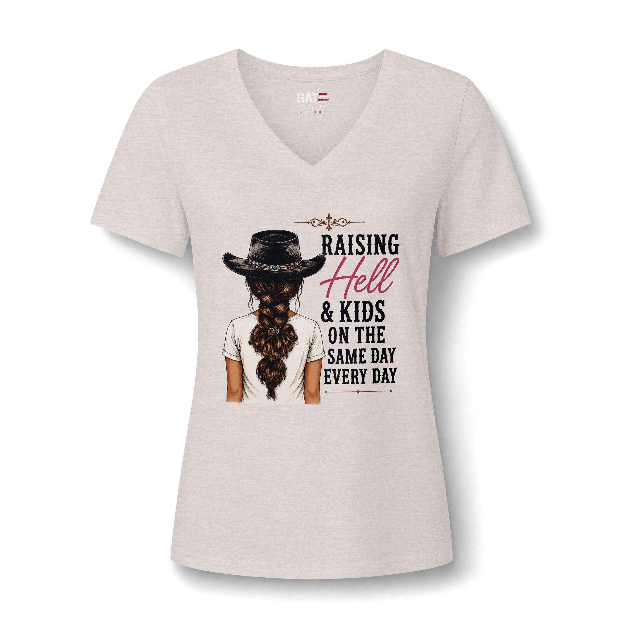 Women’s V-Neck Tee — “Raising Hell & Kids on the Same Day Every Day” Graphic