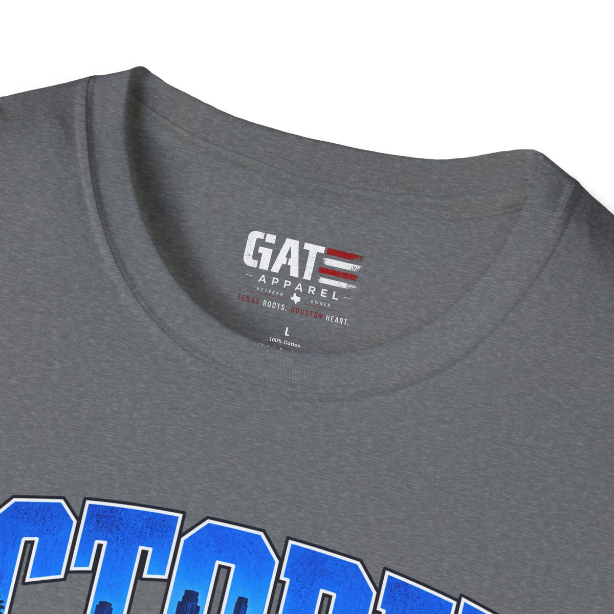 heather grey October in LA baseball graphic T-shirt, neckline and GAT label close-up
