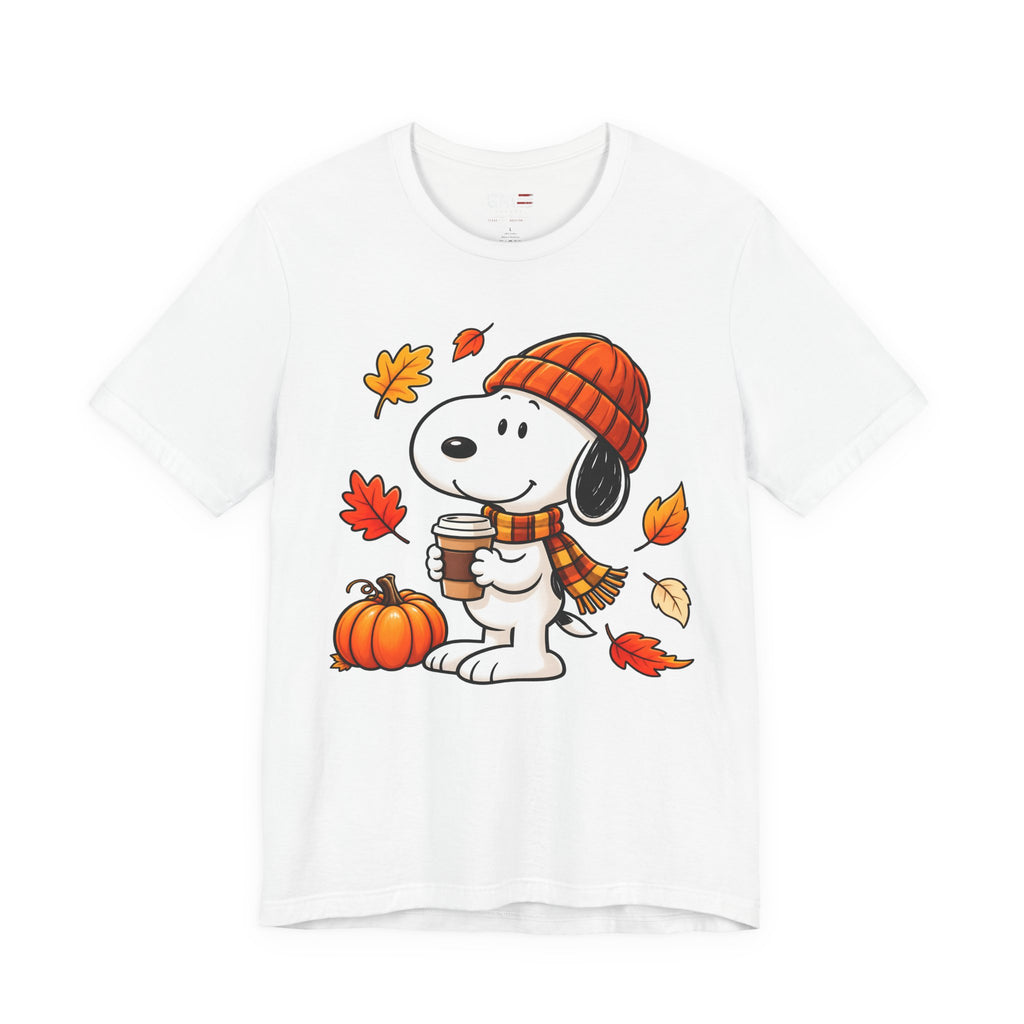 Snoopy Fall Coffee Tee — Pumpkin, Leaves & Cozy Beanie T-Shirt