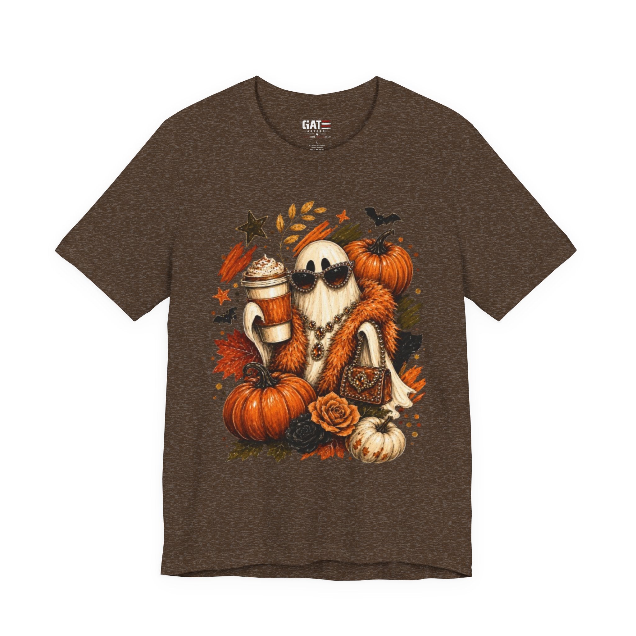 Halloween Pumpkin Ghost Tee — Cozy Fall Coffee & Pumpkins Graphic T-Shirt