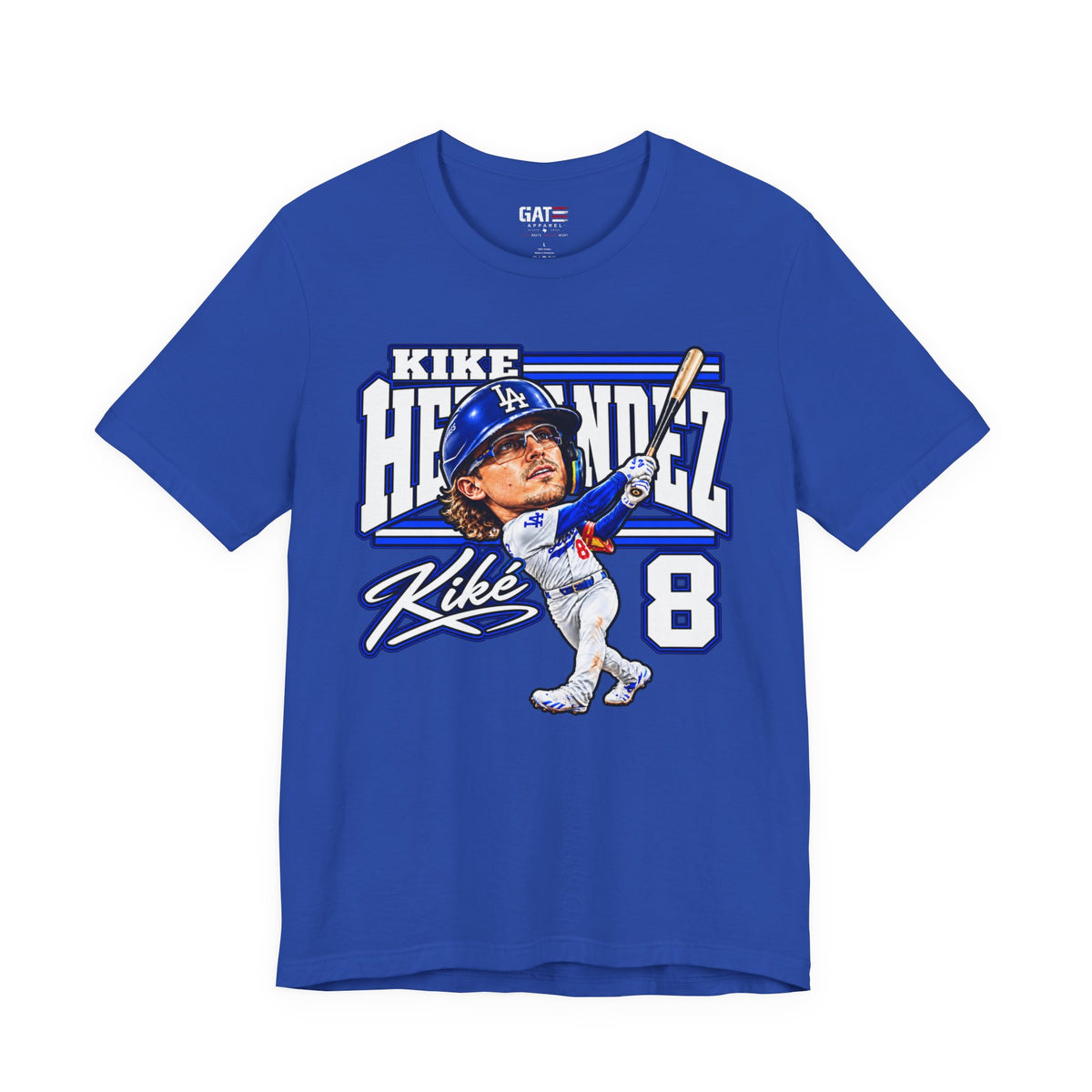 Kiké Hernández number 8 Dodgers baseball graphic T-shirt, royal blue front view