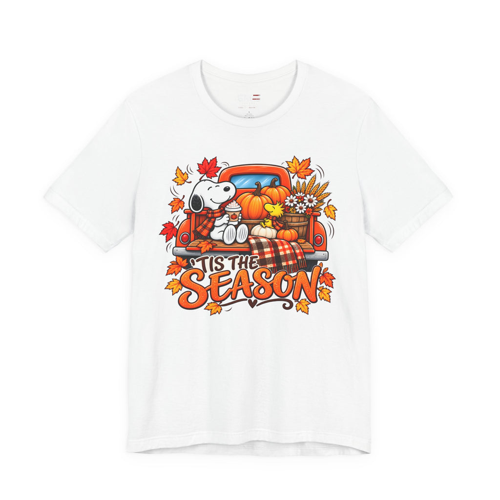Fall Graphic Tee — "’Tis The Season" Pumpkin Truck Snoopy Shirt