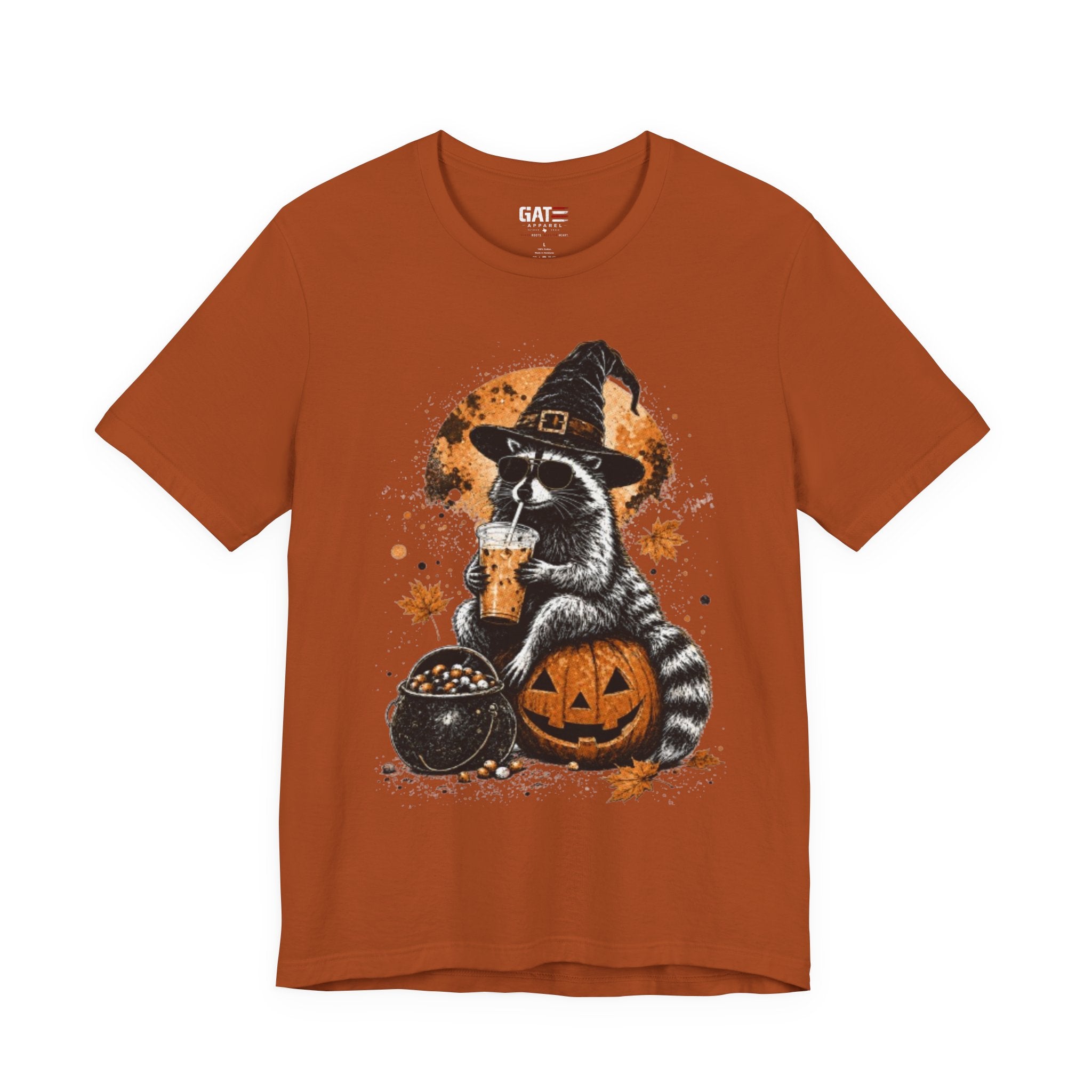 Halloween Raccoon Witch T-Shirt — Pumpkin & Cauldron Spooky Tee