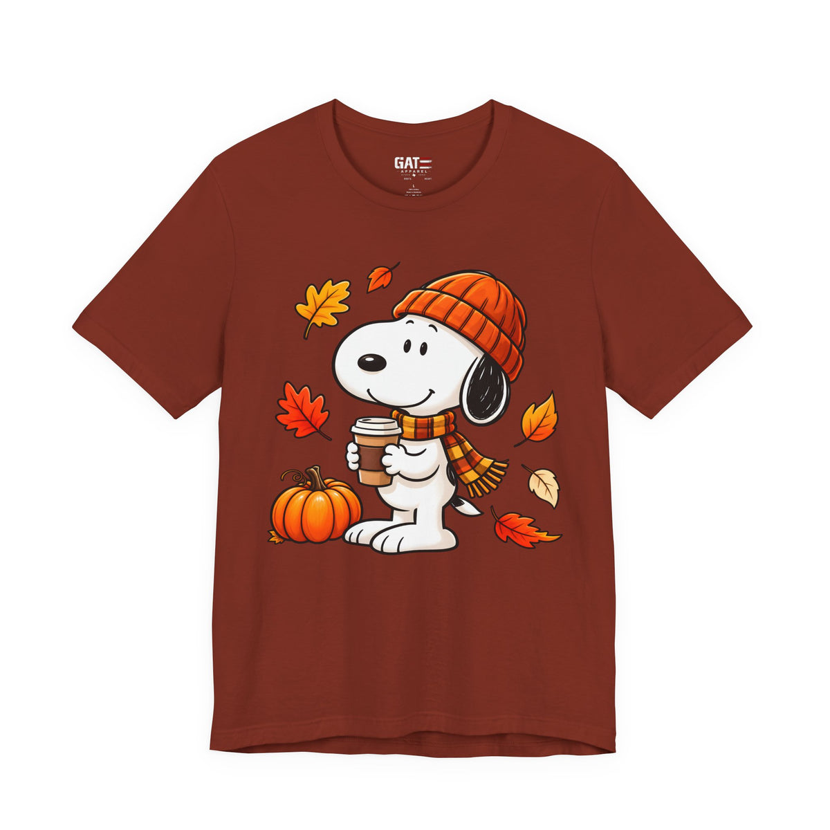 Snoopy coffee, pumpkins and autumn leaves graphic T-shirt, rust red front view