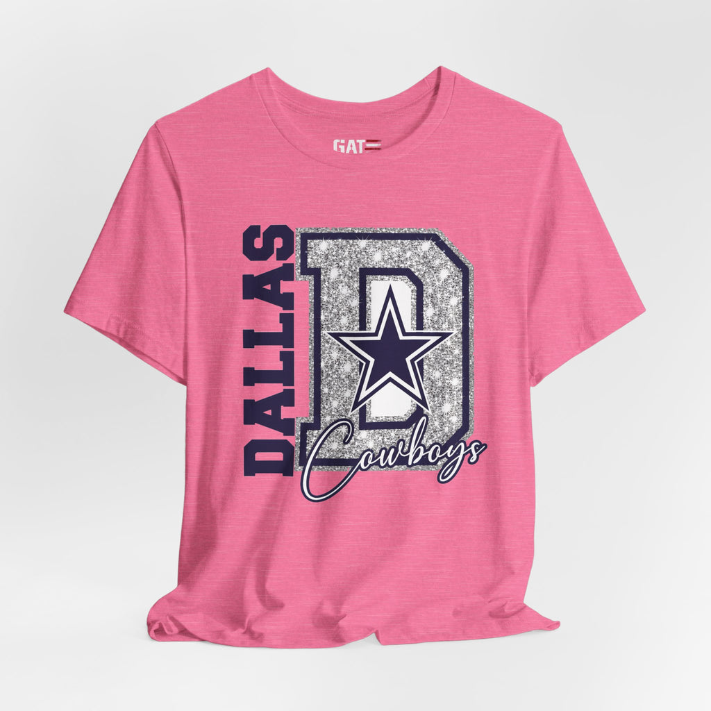 Dallas Football Glitter D Shirt, Blue and Silver Game Day Tee, Western Script Graphic Shirt, Sparkle Fan Apparel