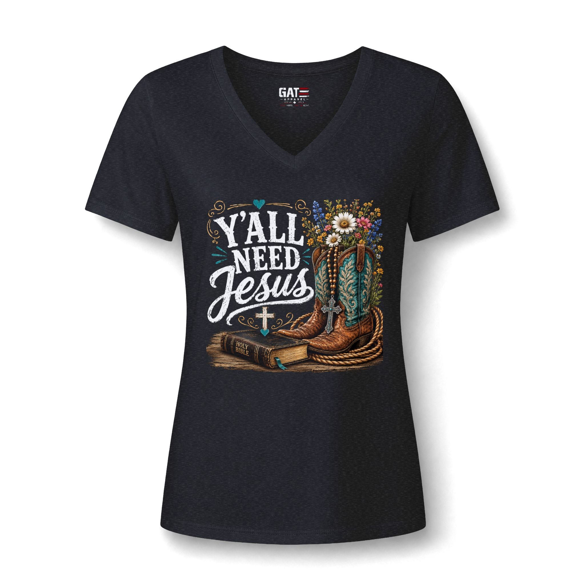 Y'all Need Jesus V-Neck Tee - Western Boots & Bible Christian Shirt
