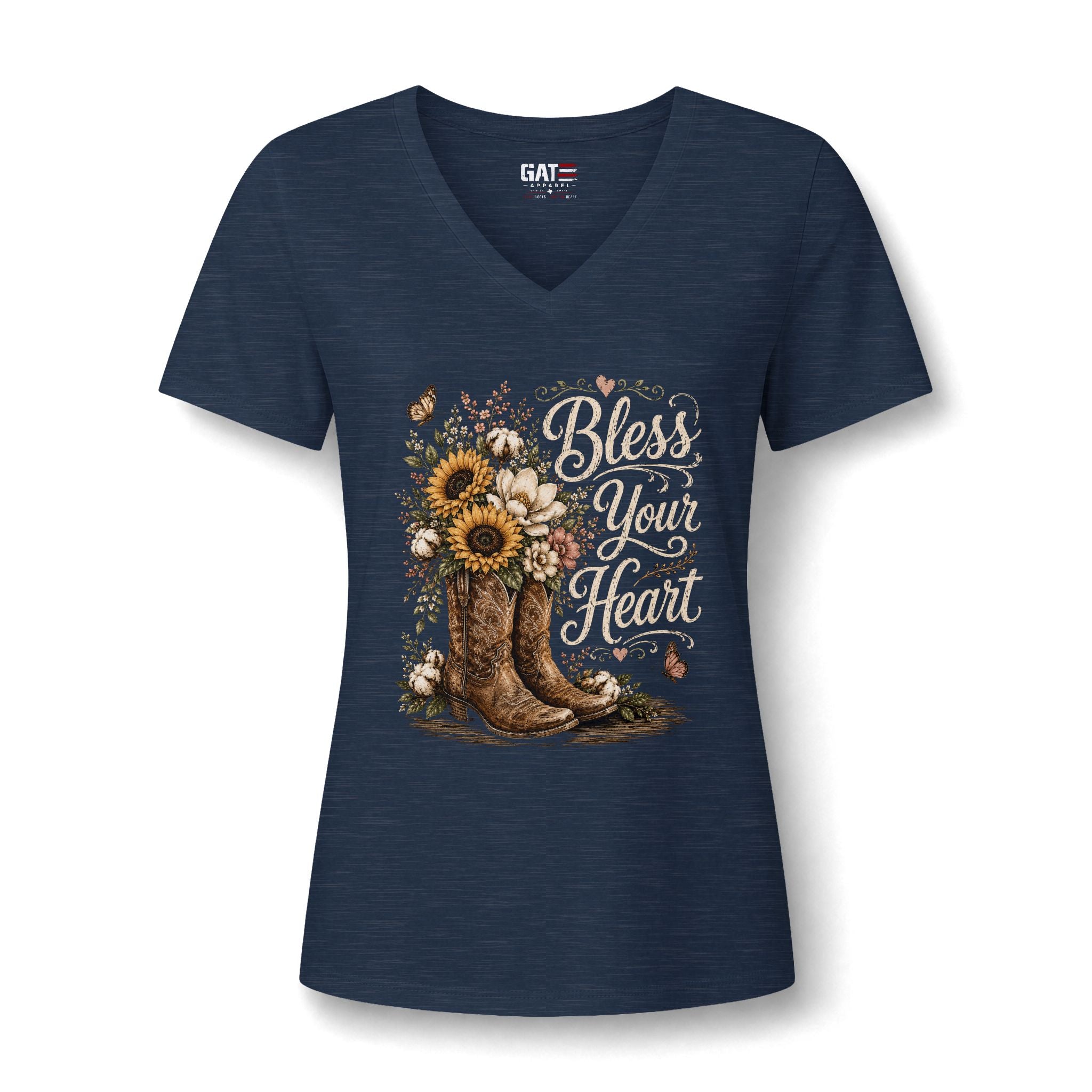 Bless Your Heart V-Neck Tee — Sunflower Cowboy Boot Graphic