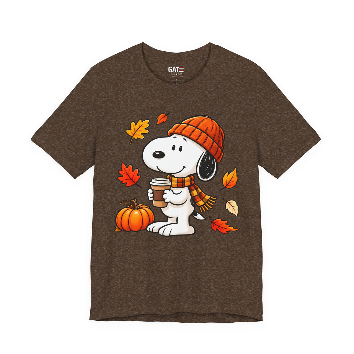 Snoopy coffee, pumpkins and autumn leaves graphic T-shirt, brown front view