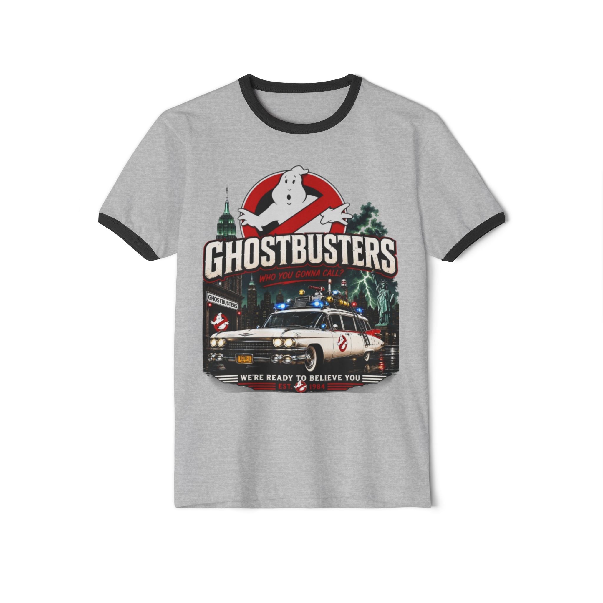 Ghostbusters Vintage Ringer T-Shirt — Ecto-1 Logo "We're Ready to Believe You"