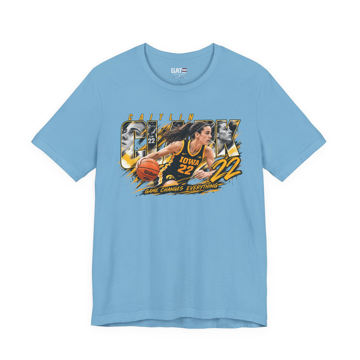 Caitlin Clark basketball player graphic T-shirt, blue front view