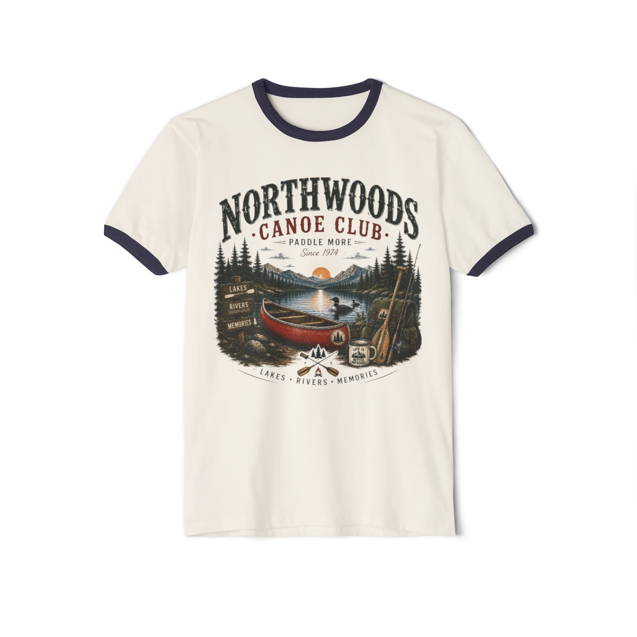 Northwoods Canoe Club Ringer T-Shirt — Vintage Camping Lake Graphic