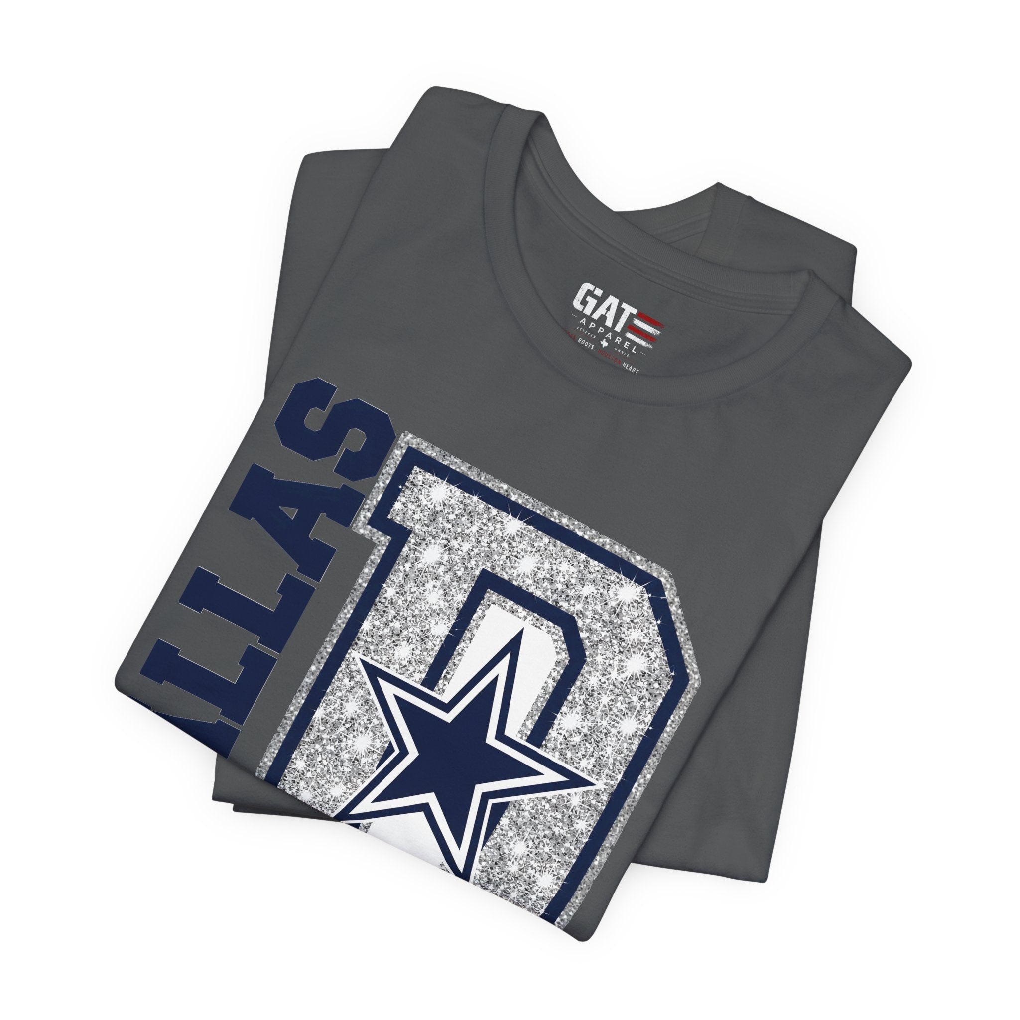 Dallas Football Glitter D Shirt, Blue and Silver Game Day Tee, Western Script Graphic Shirt, Sparkle Fan Apparel
