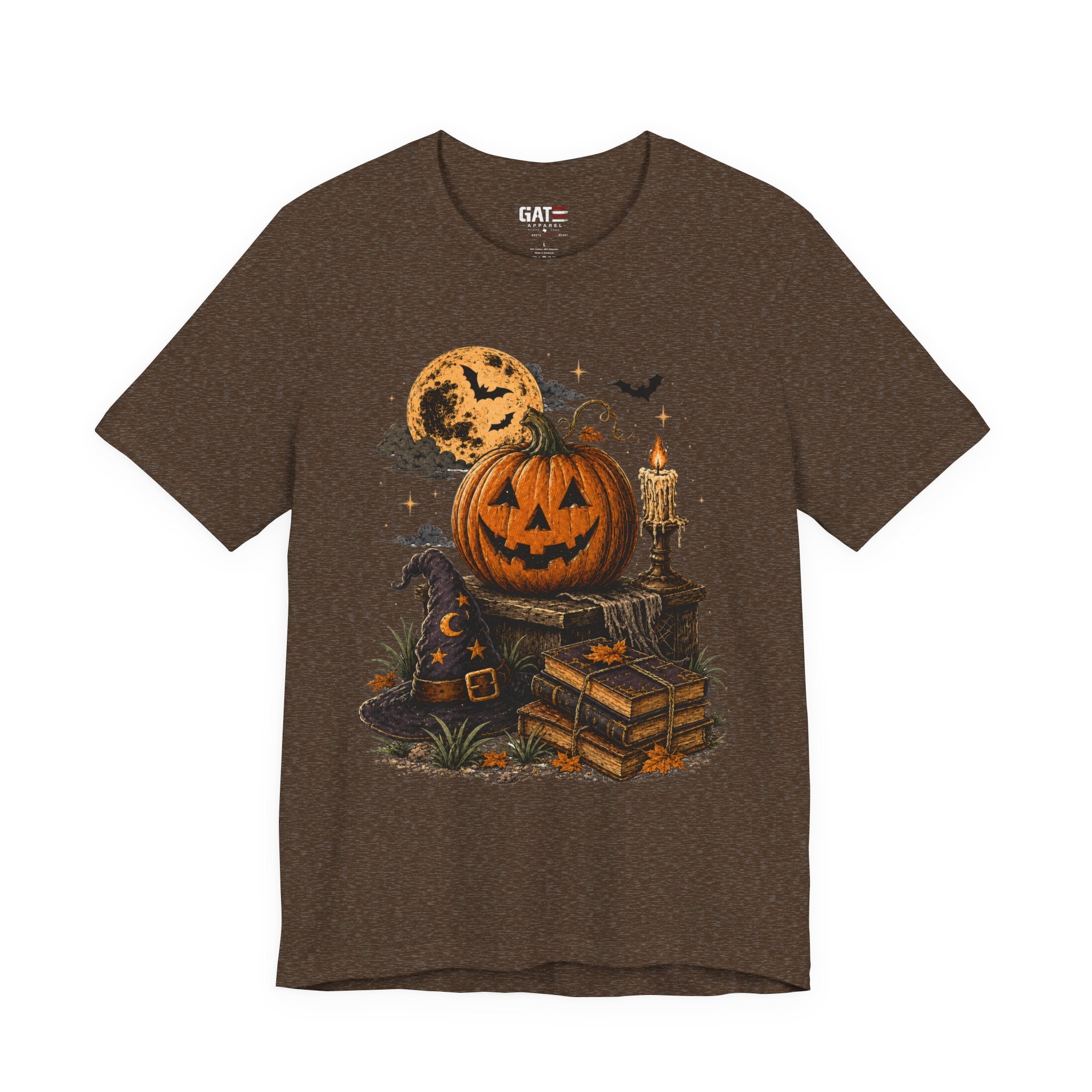 Halloween Pumpkin Stack T‑Shirt — Jack‑O‑Lantern, Books & Moon Graphic Tee