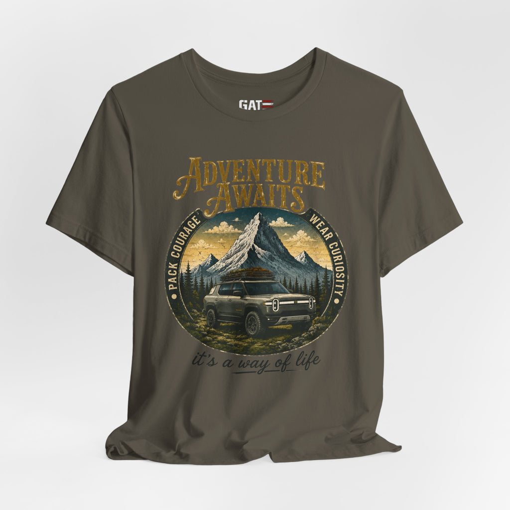 Adventure Awaits Shirt, Rivian Camping, Mountain Adventure Tee, Overlanding Shirt, Off Road SUV Graphic Tee, Outdoor, Nature Lover Shirt