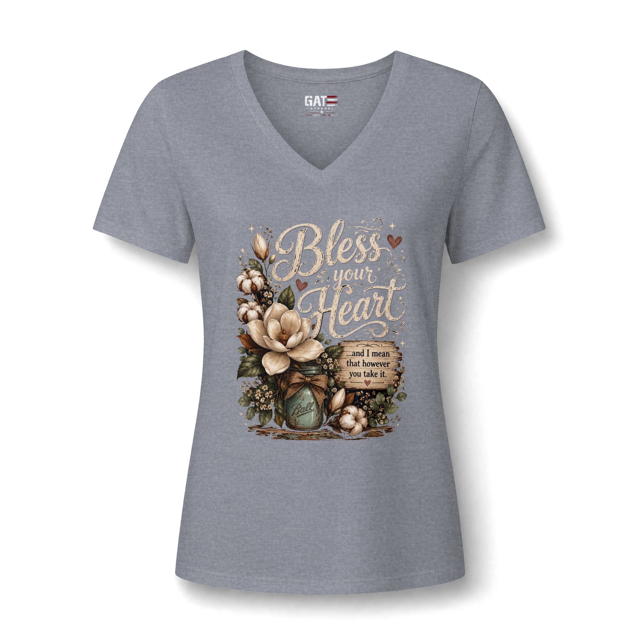 Bless Your Heart V-Neck Tee — Floral Southern Faith Graphic