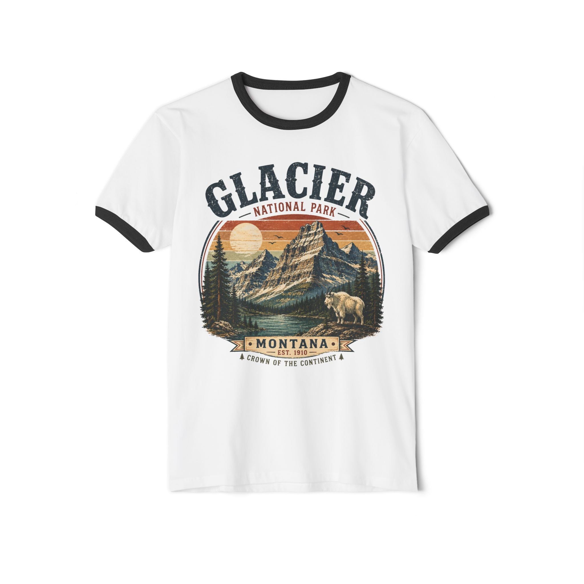Glacier National Park Montana Ringer T-Shirt — Vintage Mountain & Grizzly Design
