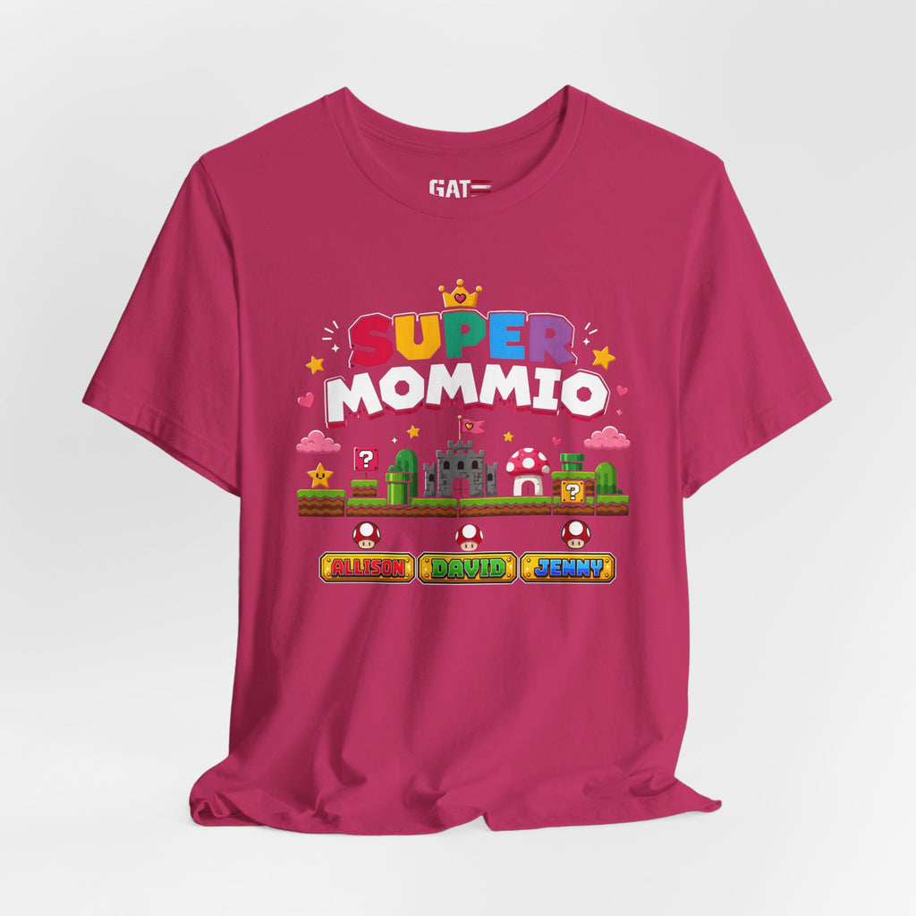 Personalized Super Mommio Shirt, Gamer Mom Shirt with Kids Names, Custom Mother's Day Gift, Retro Video Game Family Tee