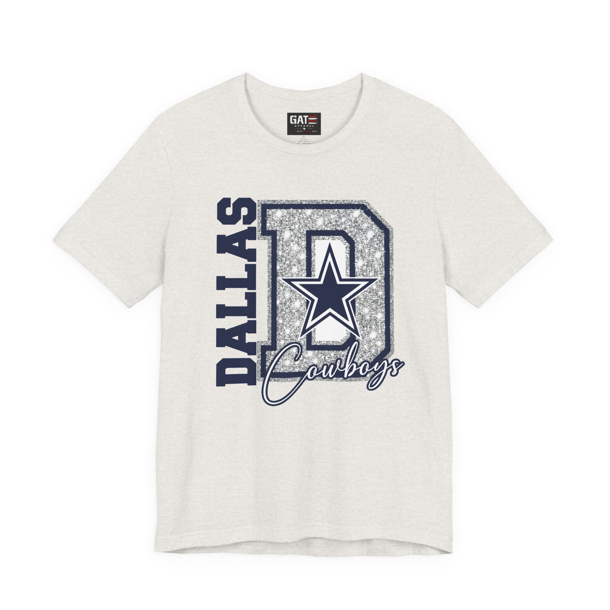 Dallas Football Glitter D Shirt, Blue and Silver Game Day Tee, Western Script Graphic Shirt, Sparkle Fan Apparel