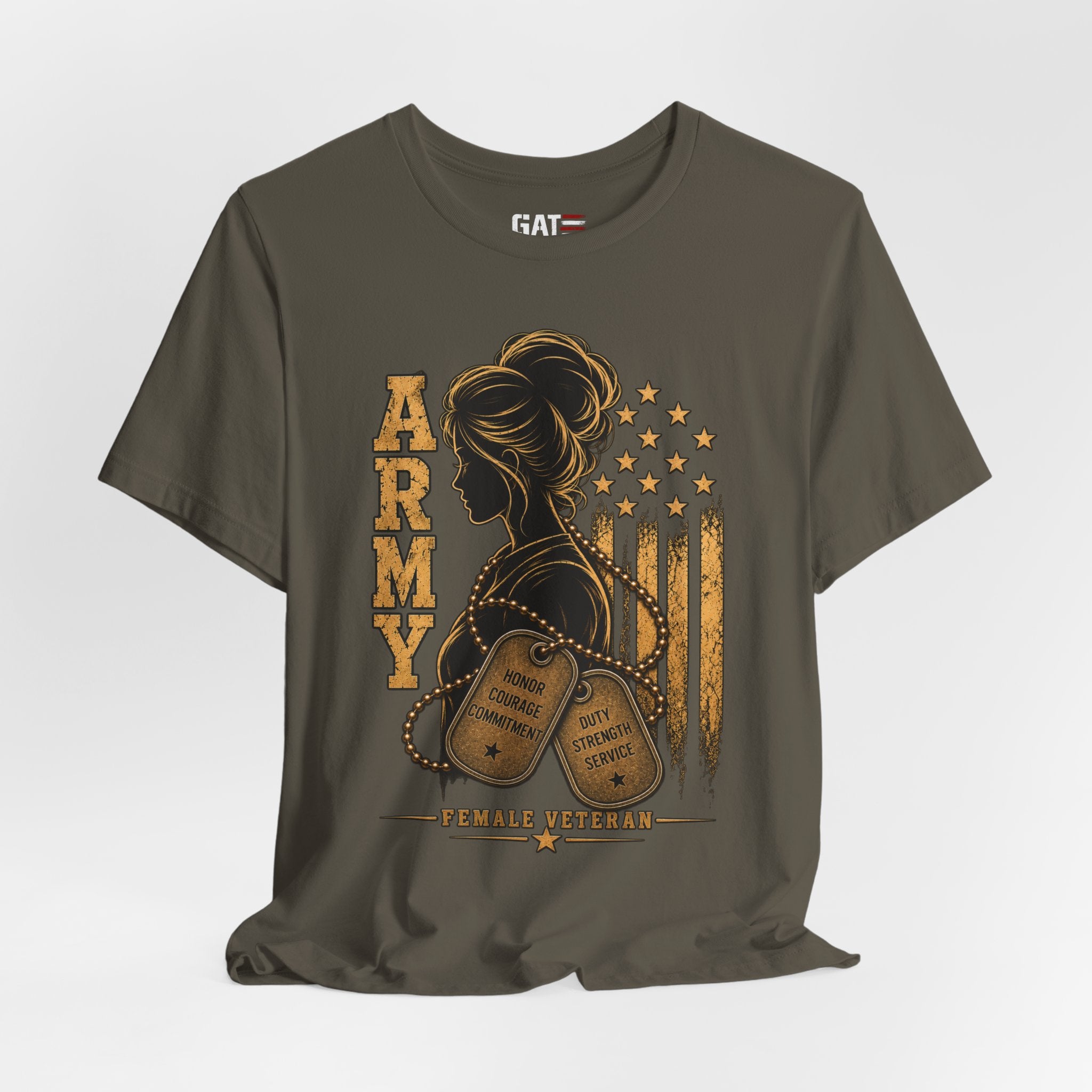Female Army Vet Tee – Proud Military Mom Shirt with Dog Tags & American Flag