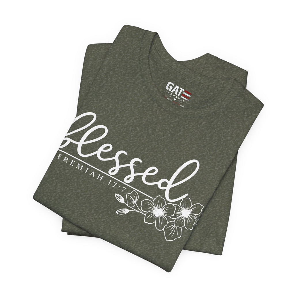Blessed Floral Tee — 'Blessed' Script T-Shirt with Jeremiah 17:7 Bible Verse