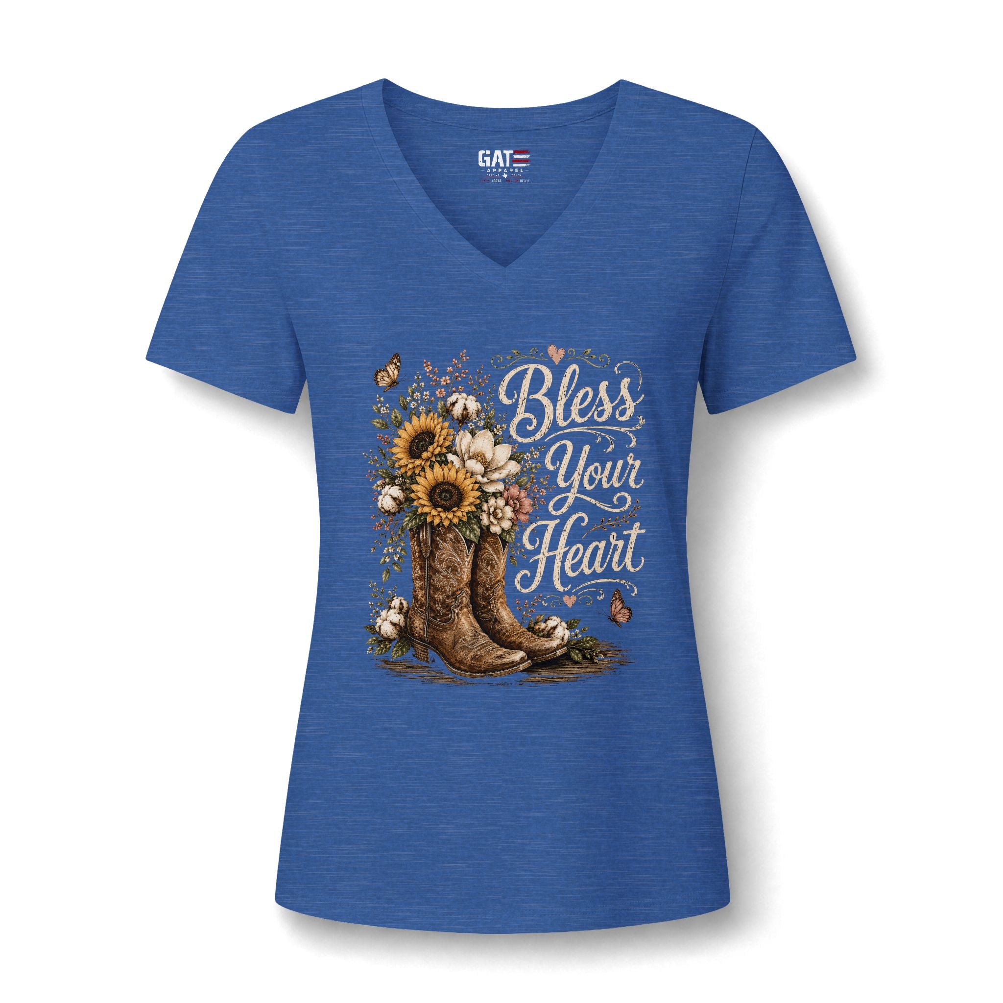 Bless Your Heart V-Neck Tee — Sunflower Cowboy Boot Graphic