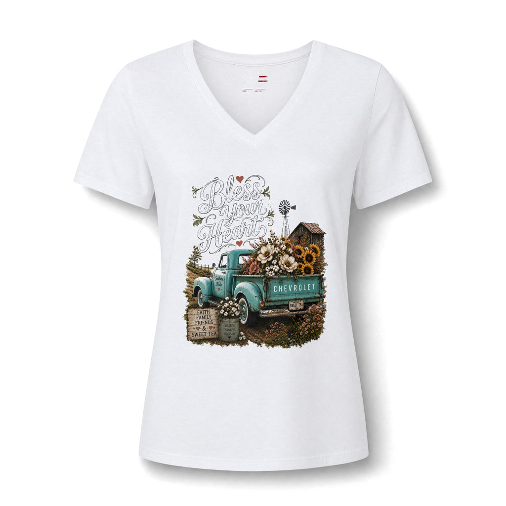 Vintage Blue Truck Sunflower V-Neck Tee — Farmhouse Floral Women's Shirt