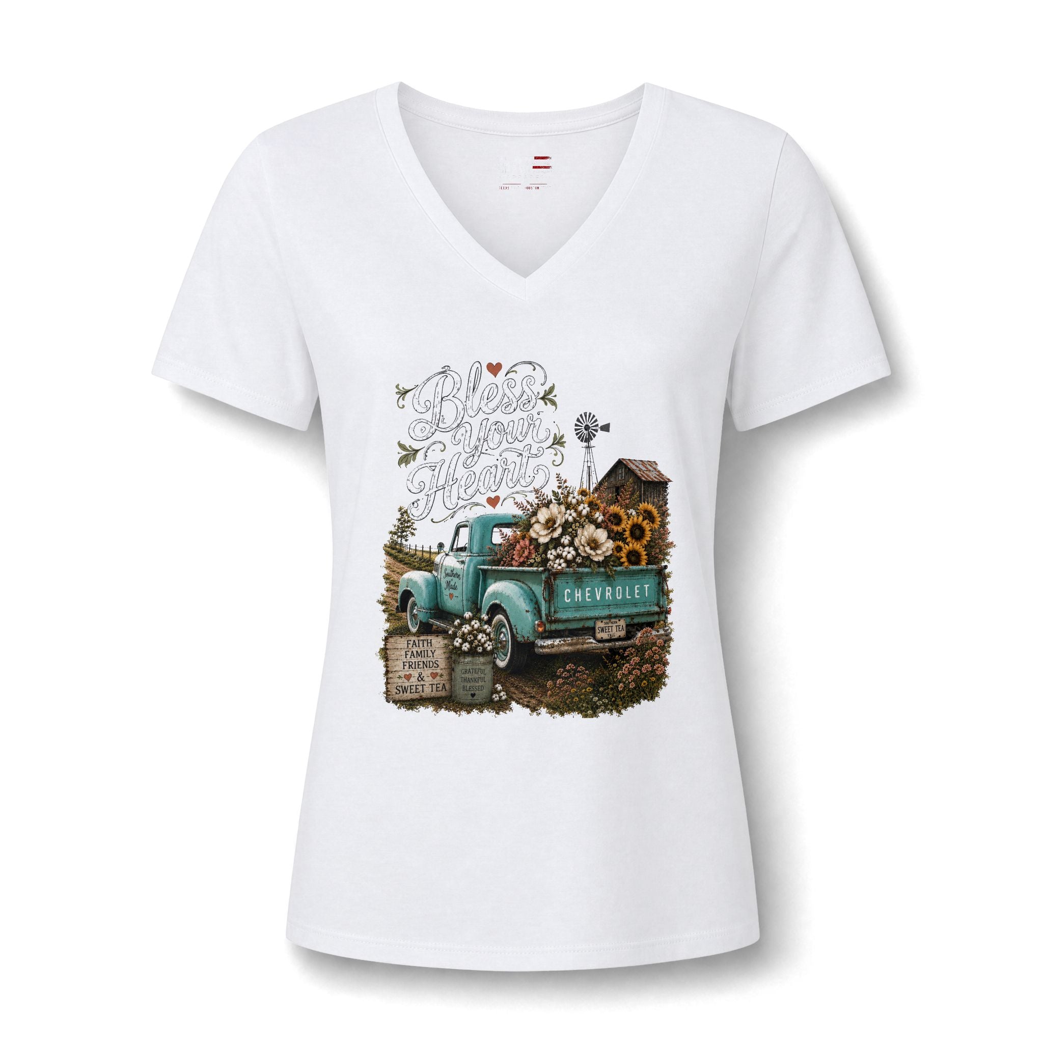 Vintage Blue Truck Sunflower V-Neck Tee — Farmhouse Floral Women's Shirt