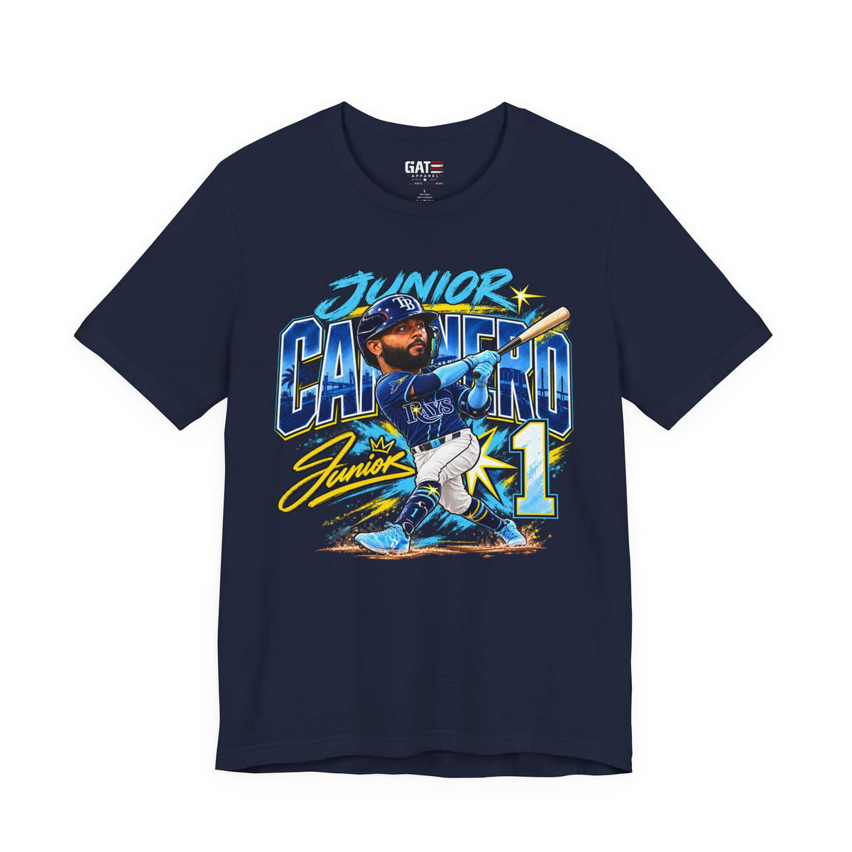 Junior Caminero Rays baseball graphic T-shirt, navy front view