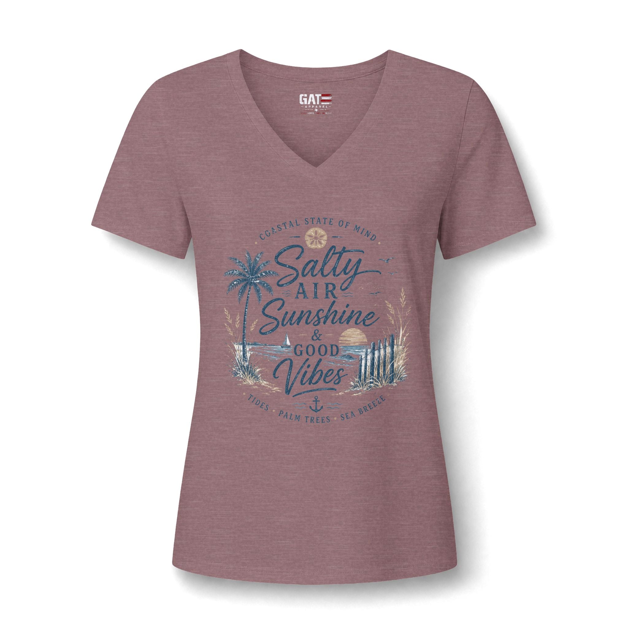 Women's V-Neck Tee — "Salty Air, Sunshine & Good Vibes" Beach Graphic